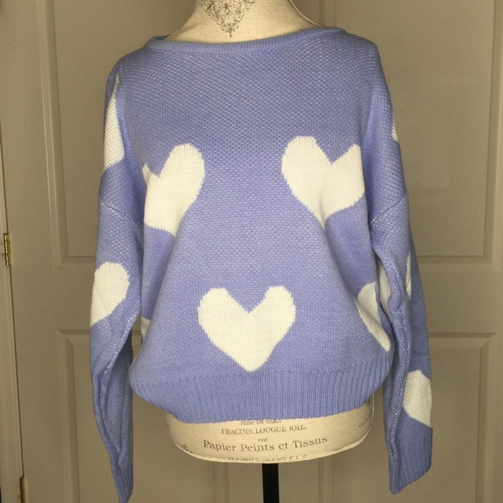 Lavendar S/M Sweater Open Back w/ White Hearts Reversible Plunge Top - Picture 4 of 5